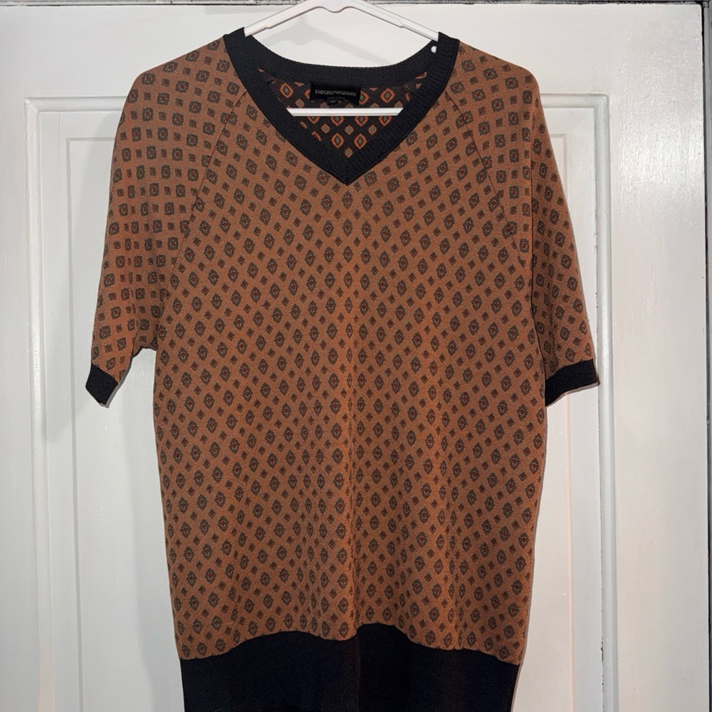 Emporio Armani RARE SAMPLE Black Knit V‑Neck with Orange & Tan Geometric Motif